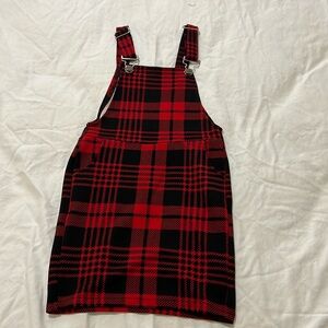 Red and black plaid overalls dress, size 6Y